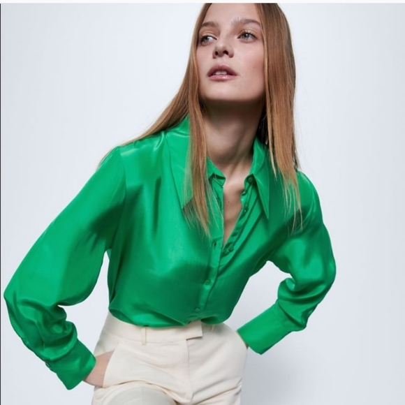 Zara | Tops | Nwot Zara Green Satin Shirt Sz Xs | Poshmark